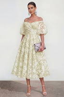 Load image into Gallery viewer, Yellow A Line Floral Puff Sleeves Ruched Maxi Wedding Guest Dress