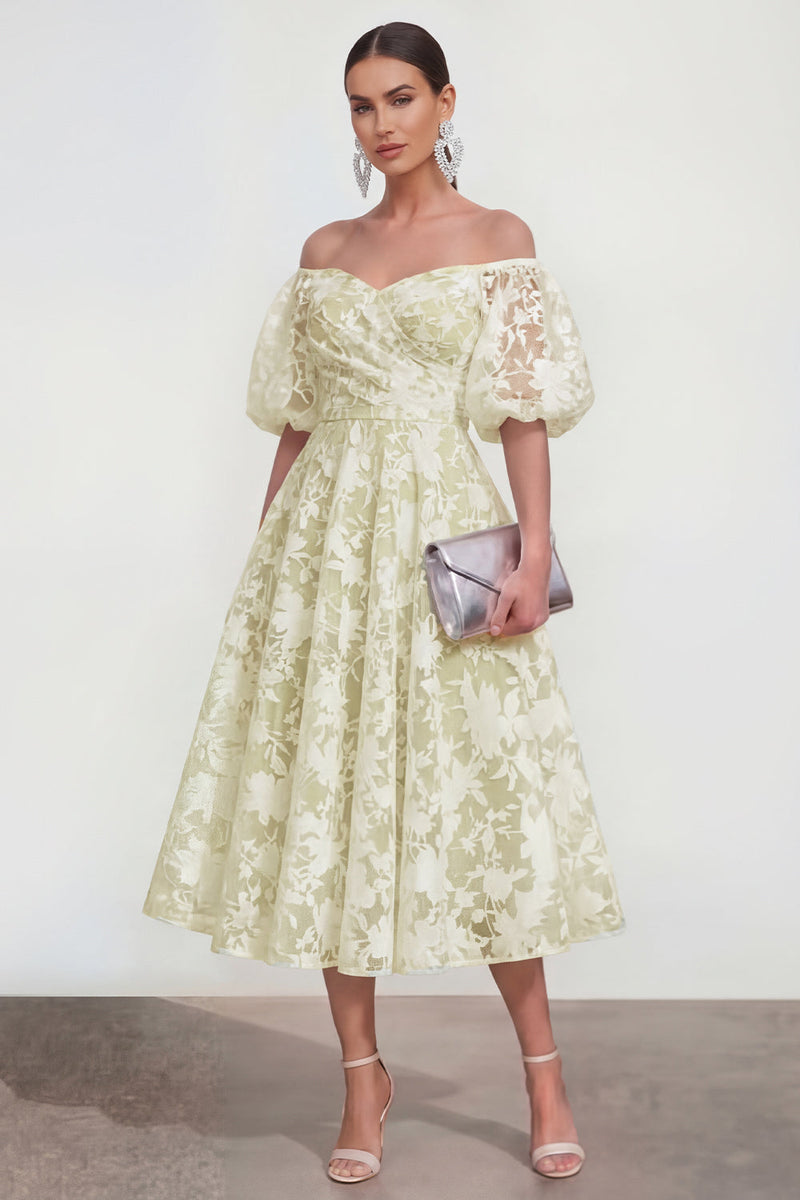 Load image into Gallery viewer, Yellow A Line Floral Puff Sleeves Ruched Maxi Wedding Guest Dress