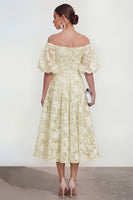 Load image into Gallery viewer, Yellow A Line Floral Puff Sleeves Ruched Maxi Wedding Guest Dress