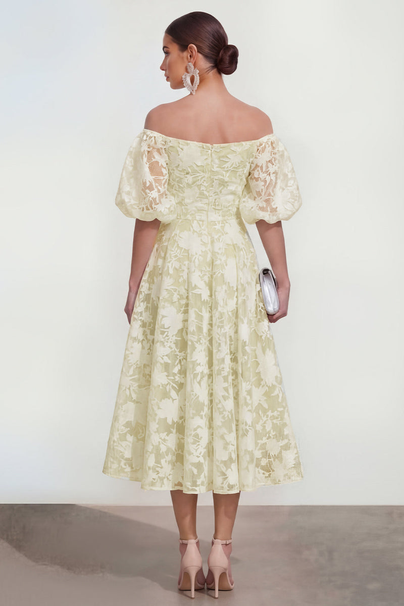 Load image into Gallery viewer, Yellow A Line Floral Puff Sleeves Ruched Maxi Wedding Guest Dress