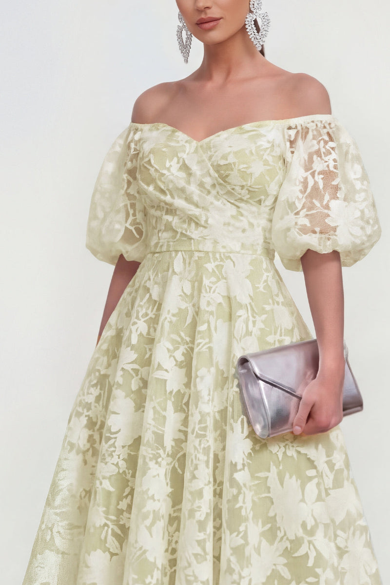Load image into Gallery viewer, Yellow A Line Floral Puff Sleeves Ruched Maxi Wedding Guest Dress