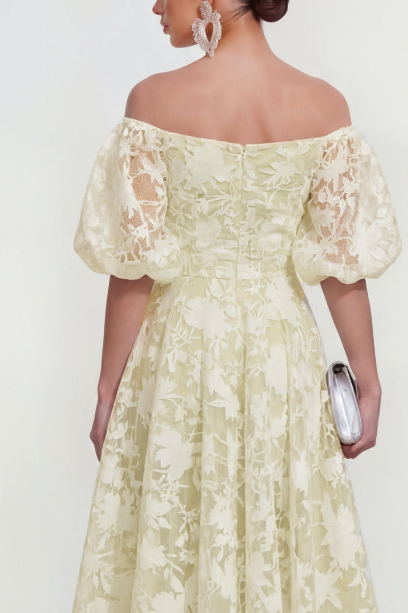 Load image into Gallery viewer, Yellow A Line Floral Puff Sleeves Ruched Maxi Wedding Guest Dress