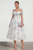 Load image into Gallery viewer, White Blue Flower Off the Shoulder A Line Ruched Maxi Wedding Guest Dress