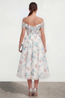 Load image into Gallery viewer, White Blue Flower Off the Shoulder A Line Ruched Maxi Wedding Guest Dress