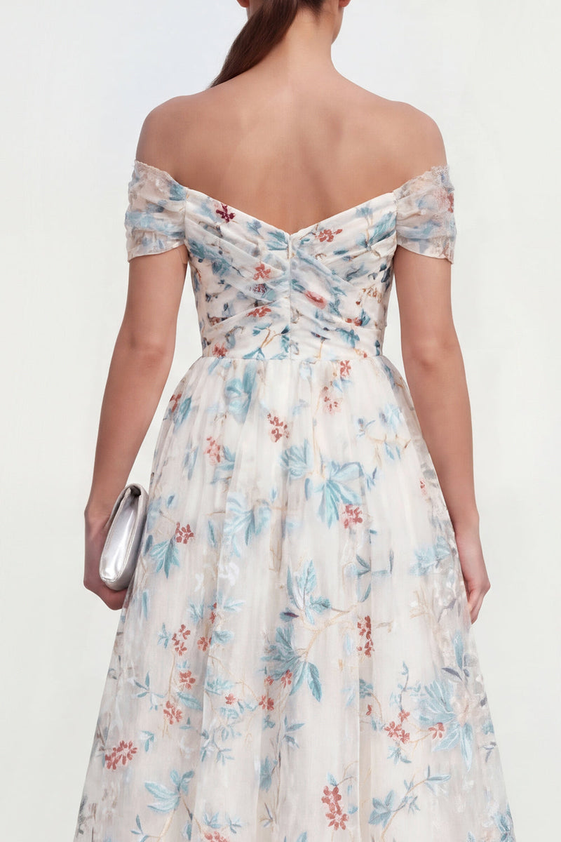 Load image into Gallery viewer, White Blue Flower Off the Shoulder A Line Ruched Maxi Wedding Guest Dress