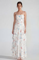 Load image into Gallery viewer, White Blue Flower Spaghetti Straps Maxi A Line Wedding Guest Dress with Ruffles