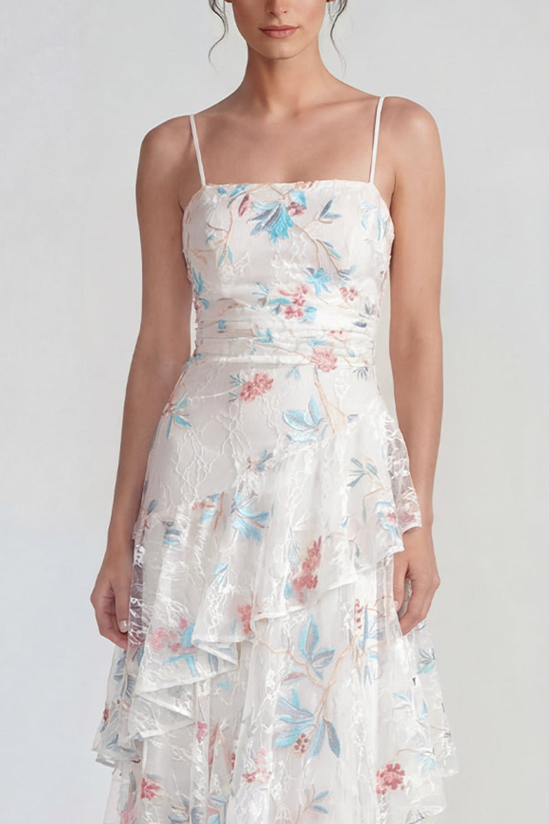 Load image into Gallery viewer, White Blue Flower Spaghetti Straps Maxi A Line Wedding Guest Dress with Ruffles