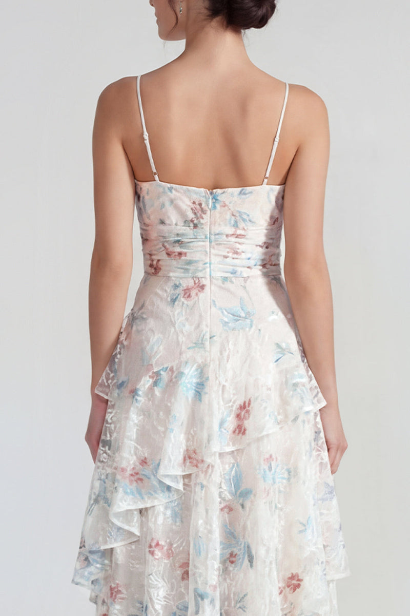 Load image into Gallery viewer, White Blue Flower Spaghetti Straps Maxi A Line Wedding Guest Dress with Ruffles