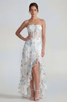 Load image into Gallery viewer, White Blue Flower Strapless A Line Corset Maxi Wedding Guest Dress with Ruffles
