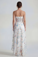 Load image into Gallery viewer, White Blue Flower Strapless A Line Corset Maxi Wedding Guest Dress with Ruffles