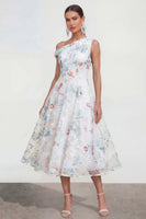 Load image into Gallery viewer, White Blue Flower One Shoulder Maxi A Line Wedding Guest Dress