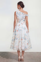 Load image into Gallery viewer, White Blue Flower One Shoulder Maxi A Line Wedding Guest Dress