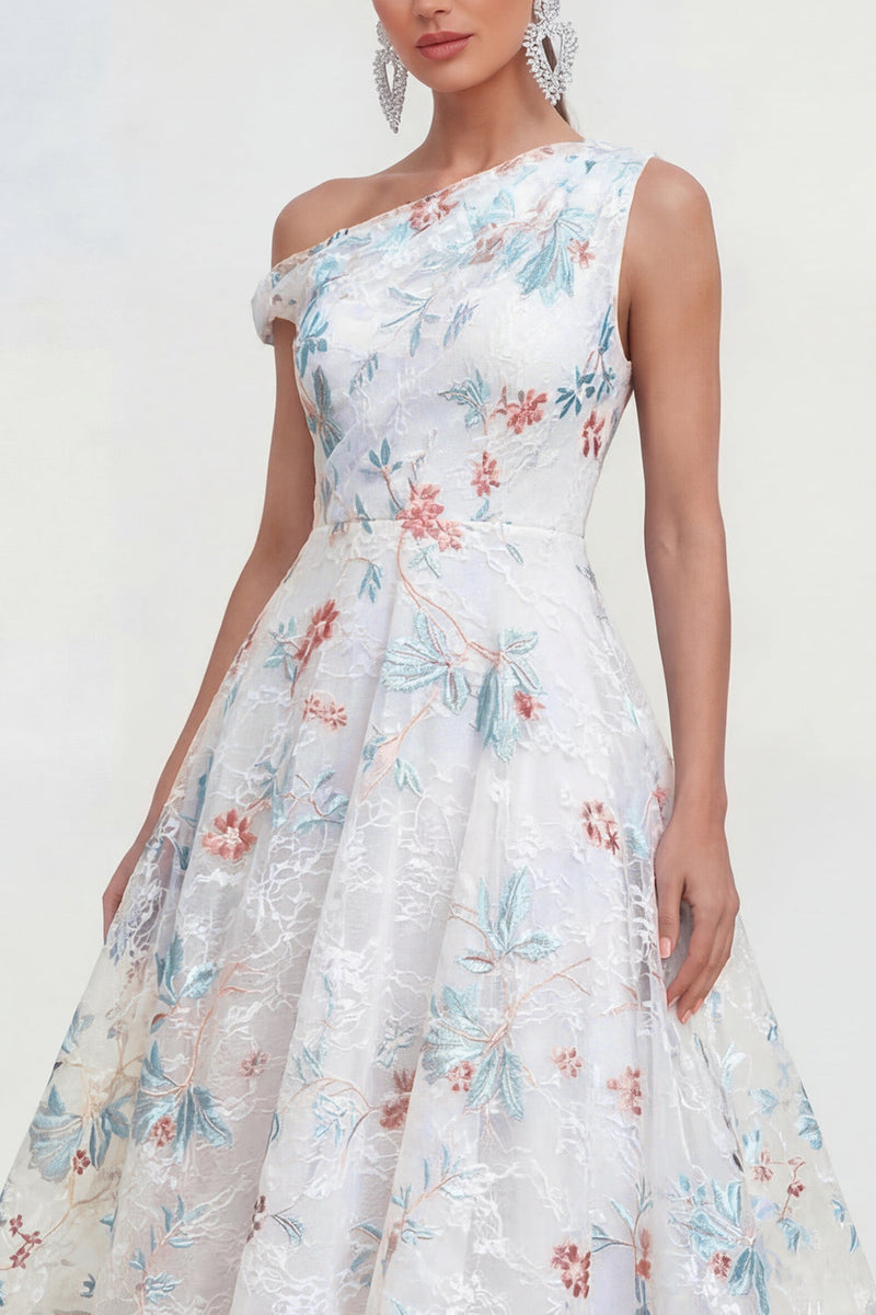 Load image into Gallery viewer, White Blue Flower One Shoulder Maxi A Line Wedding Guest Dress