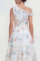 Load image into Gallery viewer, White Blue Flower One Shoulder Maxi A Line Wedding Guest Dress