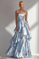 Load image into Gallery viewer, Blue A Line Floral Square Neck Long Wedding Guest Dress with Ruffles