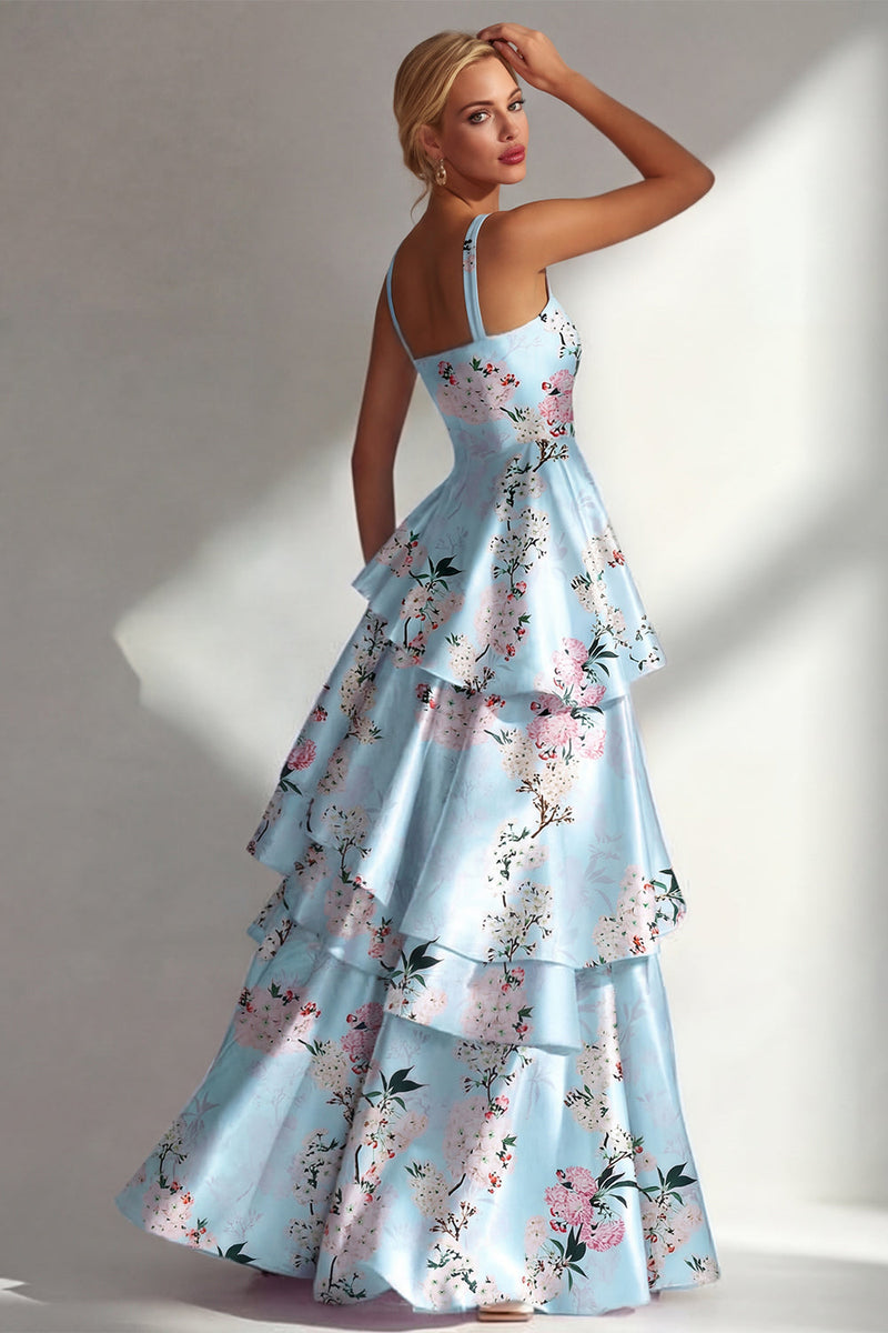 Load image into Gallery viewer, Blue A Line Floral Square Neck Long Wedding Guest Dress with Ruffles