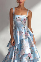 Load image into Gallery viewer, Blue A Line Floral Square Neck Long Wedding Guest Dress with Ruffles