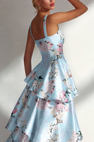 Load image into Gallery viewer, Blue A Line Floral Square Neck Long Wedding Guest Dress with Ruffles