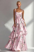Load image into Gallery viewer, Blue A Line Floral Square Neck Long Wedding Guest Dress with Ruffles