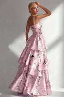 Load image into Gallery viewer, Blue A Line Floral Square Neck Long Wedding Guest Dress with Ruffles