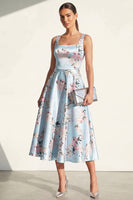Load image into Gallery viewer, Blue A Line Floral Thick Straps Maxi Wedding Guest Dress