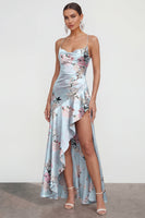 Load image into Gallery viewer, Blue Long Spaghetti Straps A Line Floral Wedding Guest Dress with Ruffles