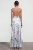 Load image into Gallery viewer, Blue Long Spaghetti Straps A Line Floral Wedding Guest Dress with Ruffles