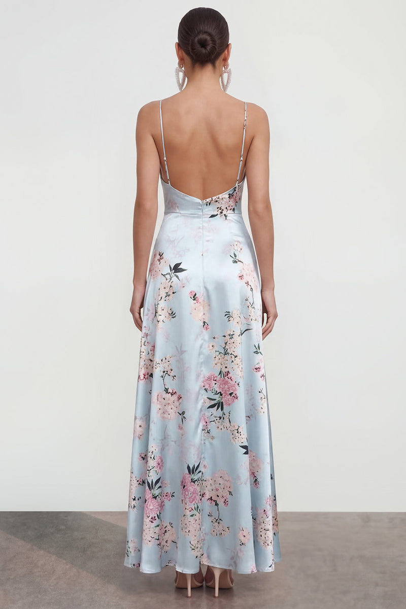 Load image into Gallery viewer, Blue Long Spaghetti Straps A Line Floral Wedding Guest Dress with Ruffles