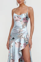 Load image into Gallery viewer, Blue Long Spaghetti Straps A Line Floral Wedding Guest Dress with Ruffles