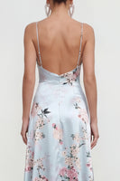 Load image into Gallery viewer, Blue Long Spaghetti Straps A Line Floral Wedding Guest Dress with Ruffles