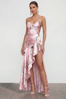 Load image into Gallery viewer, Blue Long Spaghetti Straps A Line Floral Wedding Guest Dress with Ruffles