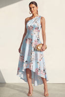 Load image into Gallery viewer, Floral One Shoulder High Low Blue Ruched A Line Wedding Guest Dress