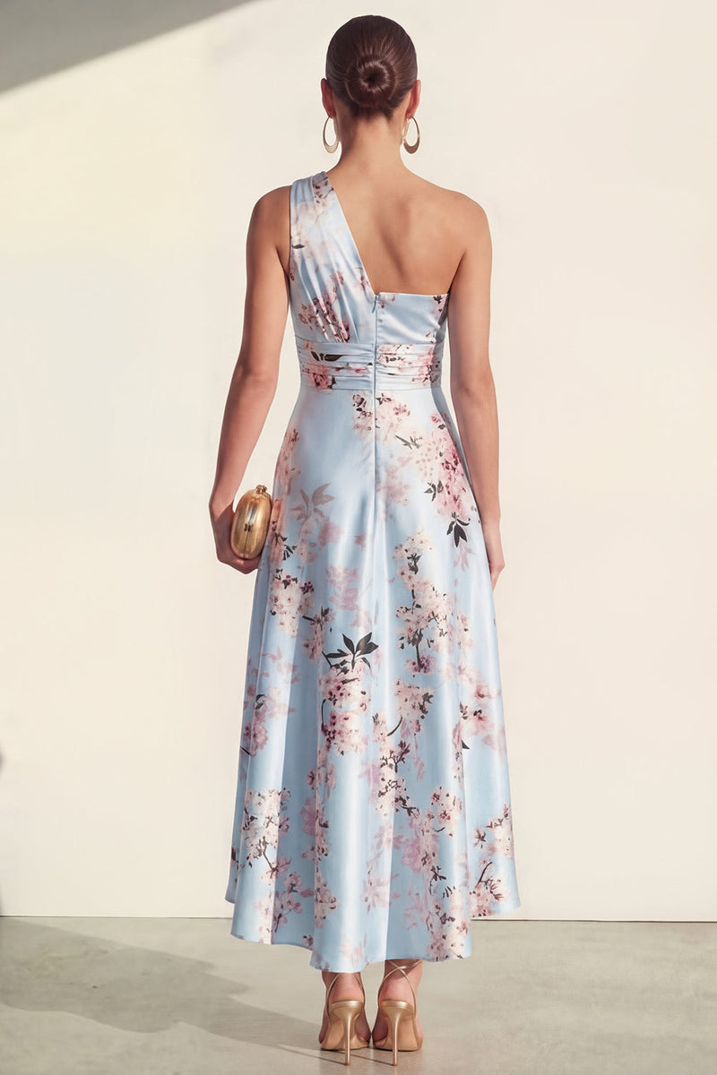 Load image into Gallery viewer, Floral One Shoulder High Low Blue Ruched A Line Wedding Guest Dress