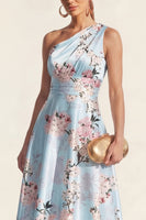 Load image into Gallery viewer, Floral One Shoulder High Low Blue Ruched A Line Wedding Guest Dress