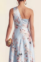 Load image into Gallery viewer, Floral One Shoulder High Low Blue Ruched A Line Wedding Guest Dress