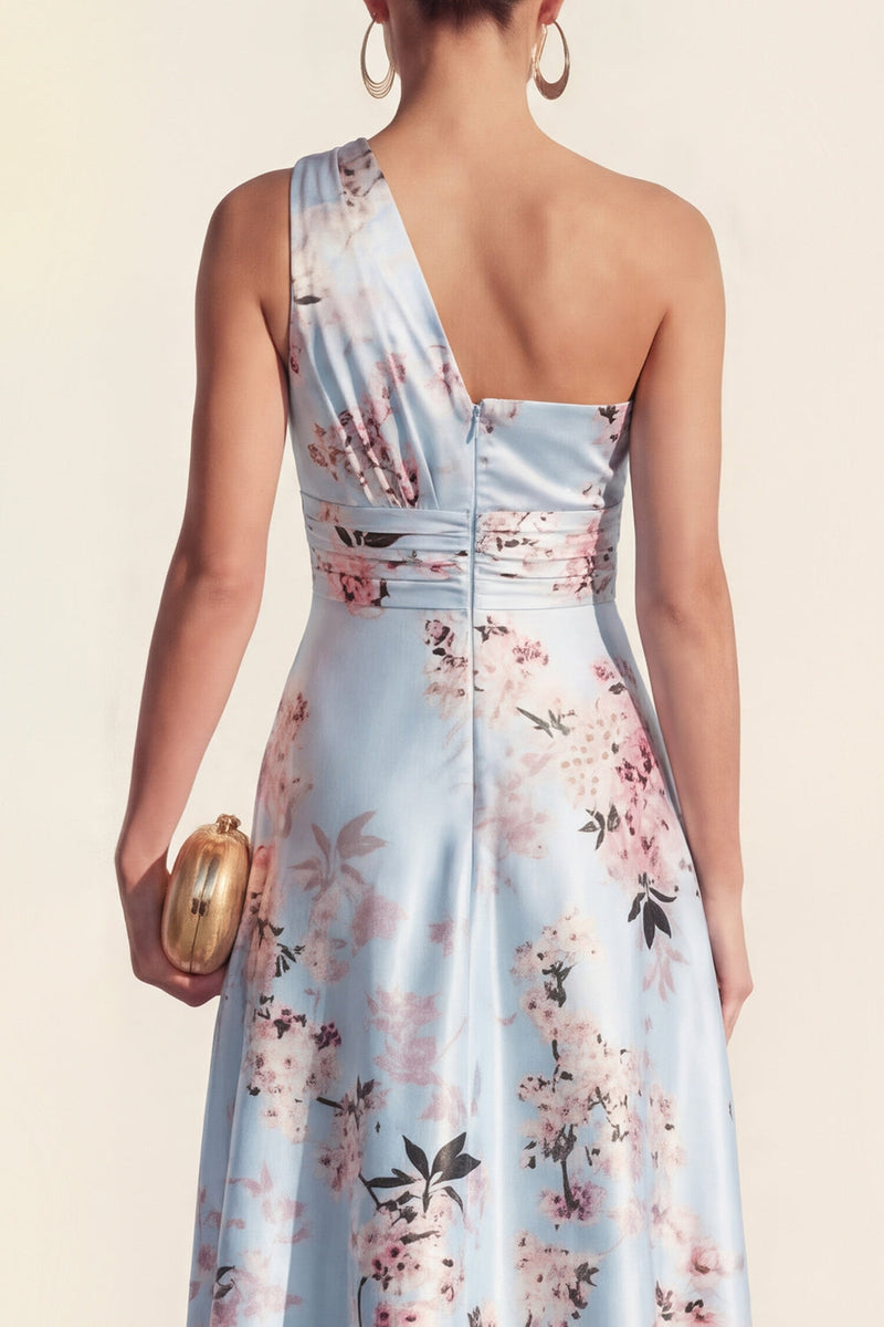 Load image into Gallery viewer, Floral One Shoulder High Low Blue Ruched A Line Wedding Guest Dress