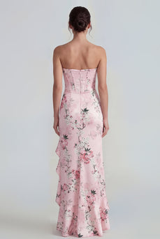 Floral Corset Mermaid Long Pink Wedding Guest Dress with Ruffles