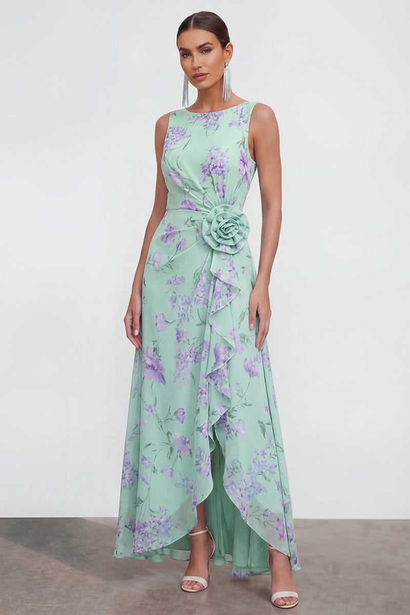 Load image into Gallery viewer, Green Purple Flower Maxi Sheath Beach Wedding Guest Dress with Ruffles