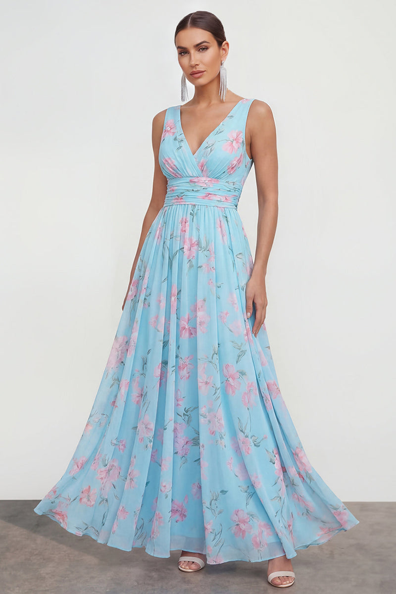 Load image into Gallery viewer, A Line Blue Pink Flower Maxi Ruched Beach Wedding Guest Dress