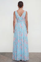 Load image into Gallery viewer, A Line Blue Pink Flower Maxi Ruched Beach Wedding Guest Dress
