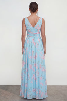 A Line Blue Pink Flower Maxi Ruched Beach Wedding Guest Dress