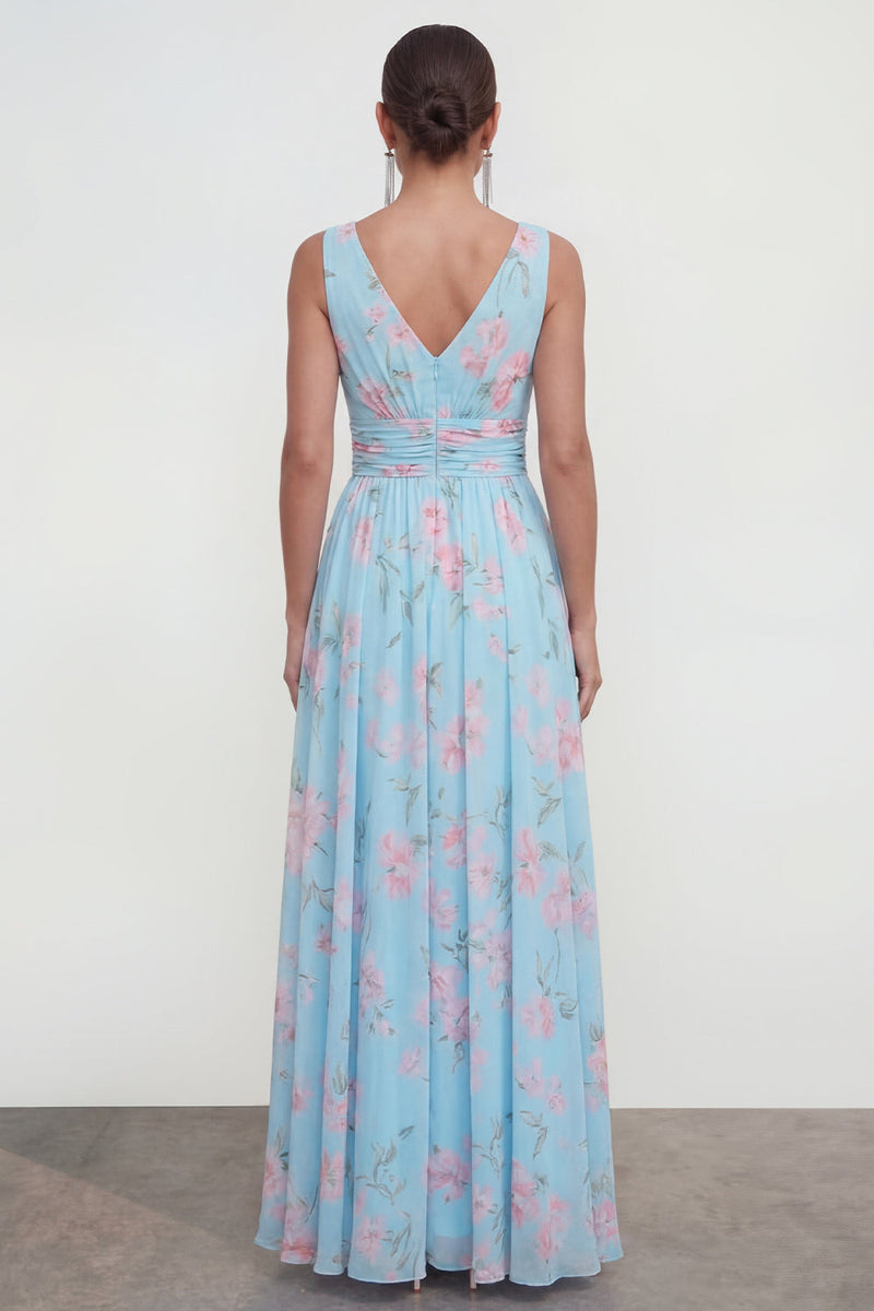 Load image into Gallery viewer, A Line Blue Pink Flower Maxi Ruched Beach Wedding Guest Dress
