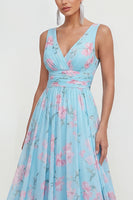 Load image into Gallery viewer, A Line Blue Pink Flower Maxi Ruched Beach Wedding Guest Dress