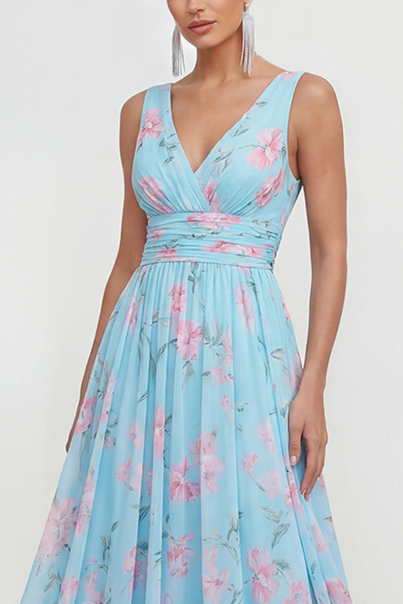 Load image into Gallery viewer, A Line Blue Pink Flower Maxi Ruched Beach Wedding Guest Dress