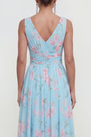 Load image into Gallery viewer, A Line Blue Pink Flower Maxi Ruched Beach Wedding Guest Dress