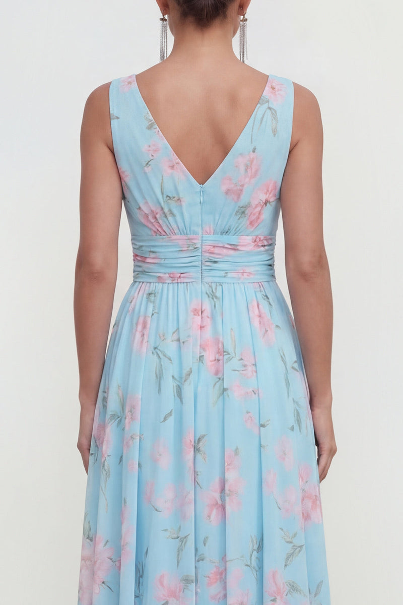 Load image into Gallery viewer, A Line Blue Pink Flower Maxi Ruched Beach Wedding Guest Dress