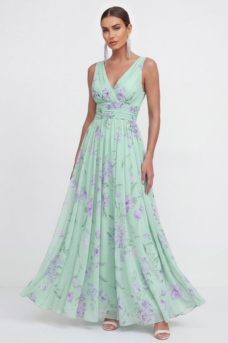Load image into Gallery viewer, A Line Blue Pink Flower Maxi Ruched Beach Wedding Guest Dress