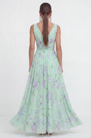 Load image into Gallery viewer, A Line Blue Pink Flower Maxi Ruched Beach Wedding Guest Dress