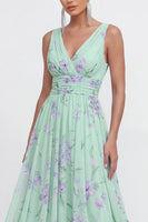 Load image into Gallery viewer, A Line Blue Pink Flower Maxi Ruched Beach Wedding Guest Dress