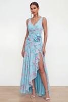 Load image into Gallery viewer, Ruffled Green Purple Flower Maxi Beach Wedding Guest Dress with Slit